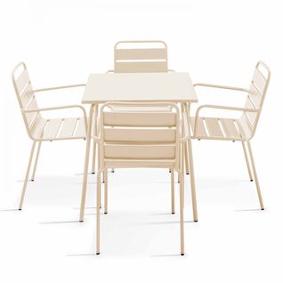 Palavas - Ensemble Table De Jardin Carrée Et 4 Fauteuils Acier Ivoire