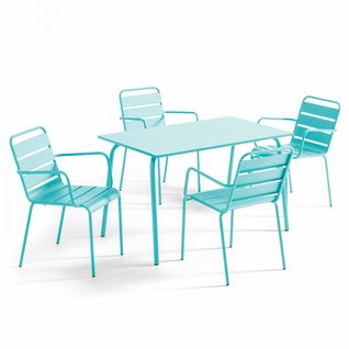 Palavas - Ensemble Table De Jardin Et 4 Fauteuils En Métal Turquoise