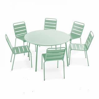 Palavas - Ensemble Table De Jardin Ronde Et 6 Chaises En Métal Vert Sauge