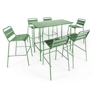Palavas - Ensemble Table Haute De Jardin Et 6 Chaises En Métal Vert Cactus