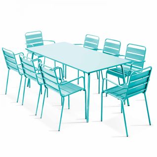 Palavas - Ensemble Table De Jardin Et 8 Fauteuils En Métal Turquoise