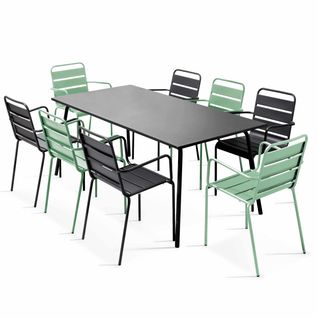 Palavas - Ensemble Table De Jardin Et 8 Fauteuils En Métal Vert Sauge Et Gris