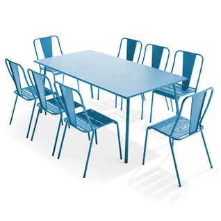 Palavas - Ensemble Table De Jardin Et 8 Chaises Bistrot En Acier Bleu Pacific
