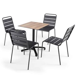 Ensemble Table De Jardin Stratifié En Chene Foncé Et 4 Fauteuils Gris