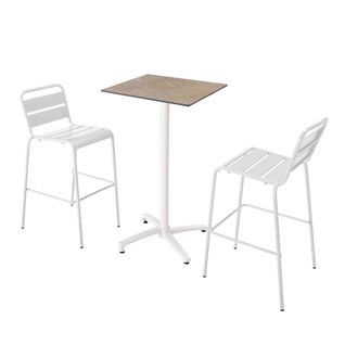 Ensemble Table Haute Stratifié Marbre Beige Et 2 Chaises Hautes Blanc