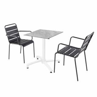 Ensemble Table De Terrasse Stratifié Marbre Avec 2 Fauteuils Gris