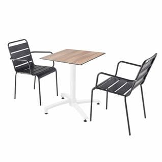 Ensemble Table De Terrasse Stratifié Chêne Foncé Et 2 Fauteuils Gris