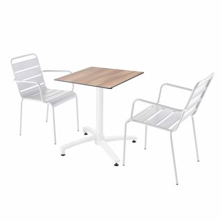 Ensemble Table De Terrasse  Stratifié Chêne Foncé Et 2 Fauteuils Blanc