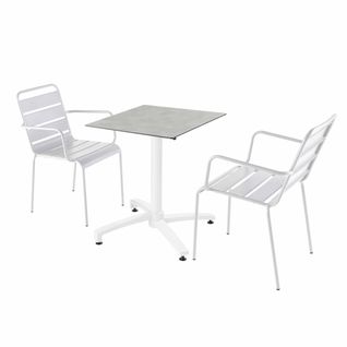 Ensemble Table De Terrasse Stratifié Béton Et 2 Fauteuils Blanc