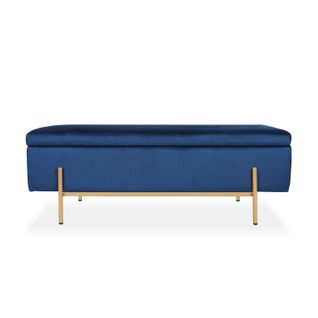 Banquette Coffre Olivia Velours Bleu Foncé Pieds Or