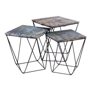 Lot De 3 Tables Basses Acier Et Effet Marbre Bleu - Erling