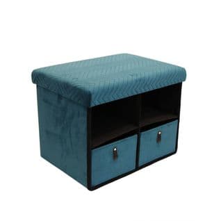 Banc Pliable Velours Bleu Canard Avec Tiroirs - Floy