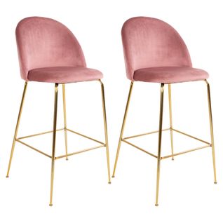 Lot De 2 Chaises Hautes Velours Rose Et Pieds Métal Doré - Meyrin