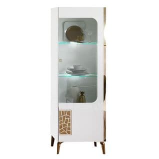 Vitrine 1 Porte Droite Laquée Blanc Et Or Décor Sérigraphié - Safary