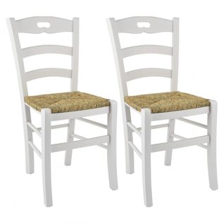 Lot De 2 Chaises Laquées Blanc Et Assises En Paille - Suzy