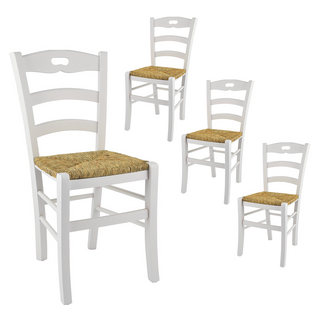 Lot De 4 Chaises Laquées Blanc Et Assises En Paille - Suzy