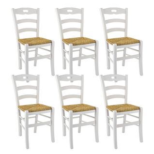 Lot De 6 Chaises Laquées Blanc Et Assises En Paille - Suzy