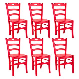 Lot De 6 Chaises Laquées Rouge Et Assises En Bois - Suzy