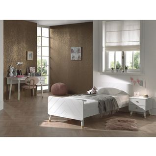 Lit 90x200cm + Chevet 2 Tiroirs + Bureau - Tiny White