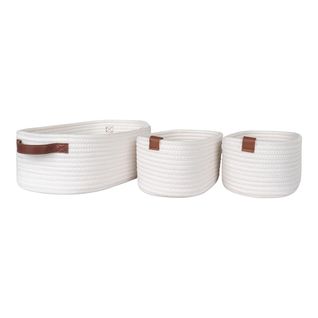 Lot De 3 Paniers En Coton Blanc Et Poignées Imitation Cuir Marron - Jiana