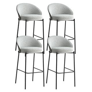 Lot De 4 Tabourets Hauts Tissu Gris Chiné Dos Bois Imitation Noyer Pieds Métal - Marcel