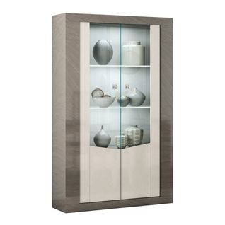 Vitrine 2 Portes Décor Bois Gris Veiné Et Beige Avec Leds - Gondor