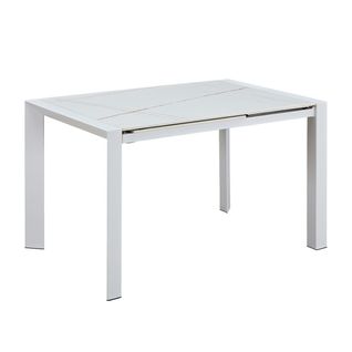 Table Repas Allongeable Plateau Céramique Marbré Blanc Pieds Métal Blanc - Melia