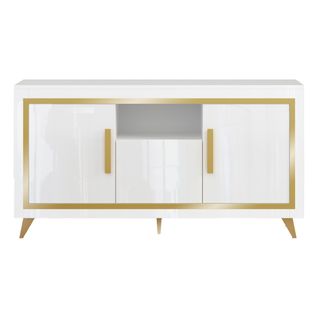 Buffet 3 Portes Laqué Blanc Et Décor Doré Avec LEDs - Jemma