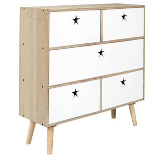 Commode 5 Tiroirs Blanc Et Bois Poignées Ajourées Etoiles - Starly