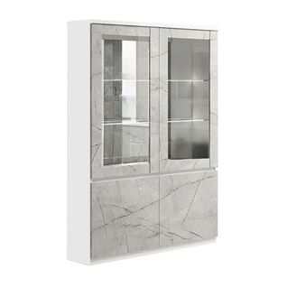 Vitrine 4 Portes Laquée Blanc Et Gris Marbré Avec LEDs - Deyton