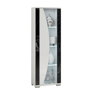 Vitrine 1 Porte Blanc Eclairage LED Intégré Avec Décor Latéral Aspect Marbre Noir - Ariane