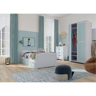 Chambre 90x200cm En Pin Massif Vert D'eau Et Blanc - Glasca