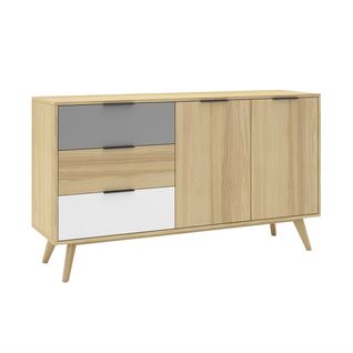 Buffet 140cm 2 Portes 3 Tiroirs Scandinave Pin Massif Gris, Blanc Et Effet Chêne - Borgh