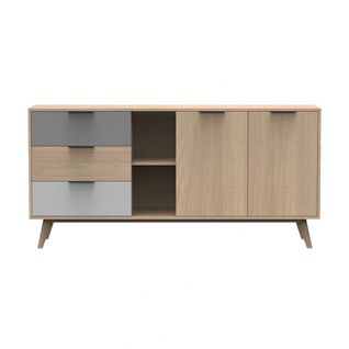 Buffet 165cm 2 Portes 3 Tiroirs Scandinave Pin Massif Gris, Blanc Et Effet Chêne - Borgh