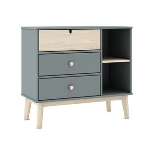 Commode 3 Tiroirs 2 Niches Mdf Et Pin Coloris Gris Vert Et Naturel - Kaina