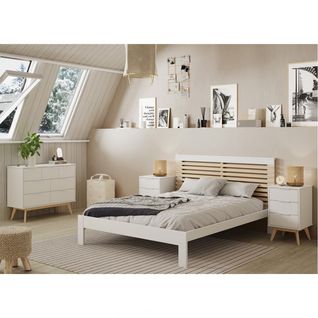 Chambre 140x190cm Avec Commode 7 Tiroirs Pin Naturel Et Blanc Scandinave - Laupell