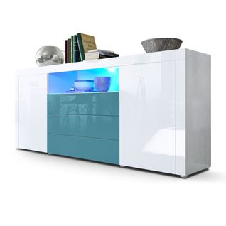 Buffet Moderne  Blanc  Et  Turquoise Haute Brillance + LED  72 X 167 X 35