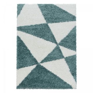 Tapis Shaggy 280x370 Rectangle Tissé Vert Et Crème Motif Géométrique Triangle A