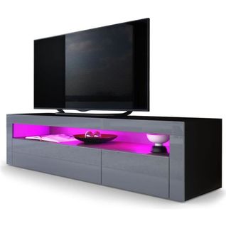 Meuble TV  Noir Mat Façades Gris Laqué + LED 155 X 46 X 40 Cm