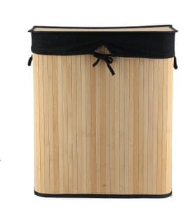 Panier à Linge Pliable 2 Compartiments et Couvercle En Bambou Et Tissu Coton Noir H 63 Cm