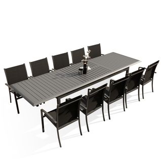 Table De Jardin Extensible Alu 220/320 cm + 10 Fauteuils Empilables Textilène Anthracite Andra XL