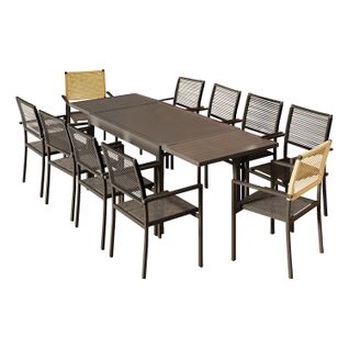 Ensemble Table De Jardin Extensible Aluminium 135/270cm + 10 Fauteuils Empilables Corde Anthracite