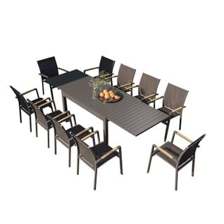 Table De Jardin Extensible Aluminium 135/270cm + 10 Fauteuils Empilables Textilène Gris Anthracite