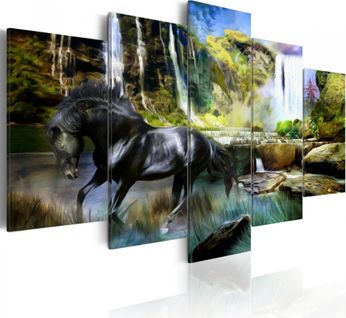 Tableau Cheval Noir Sur Fond De Cascade Paradis 100 X 50 Cm Vert