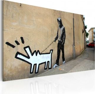 Tableau Chien Qui Aboie Ne Mord Pas, Banksy 60 X 40 Cm Gris