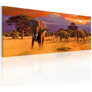 Tableau Marche Des Éléphants D'afrique 135 X 45 Cm Orange