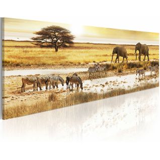 Tableau Afrique Au Point D'eau 120 X 40 Cm Beige