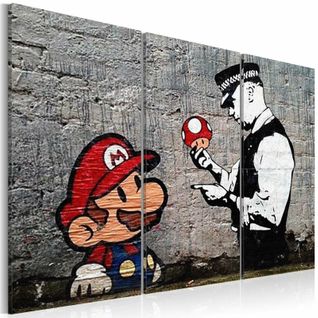 Tableau « Super Mario Champignon Flic » Par Banksy 90 X 60 Cm Gris
