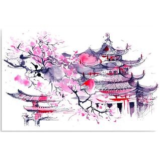 Tableau Paysage Japonais 80 X 60 Cm Rose