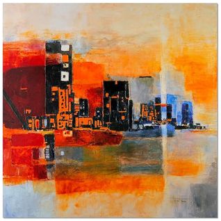 Tableau Bois Abstraction - Ville Panoramique 30 X 30 Cm Orange